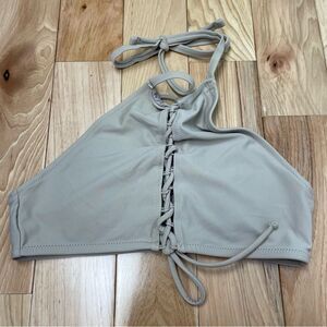 AERIE Tan Lace-Up Tie Halter Neck High Neck Swim Top S 4-6, 32B, 32C, 34AA, 34A